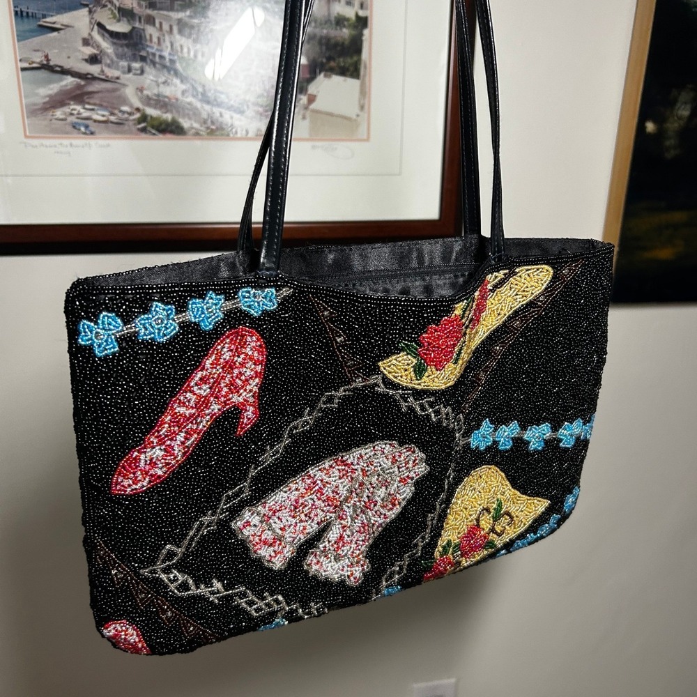 Y & S 2000s Originals Handbag Black Glass Beaded Hats & Shoes Novelty Purse y2k